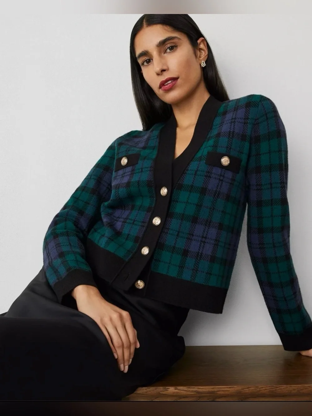 Ann‎ Taylor Blackwatch Plaid Cardigan Preppy Grandpa Country Club Academia